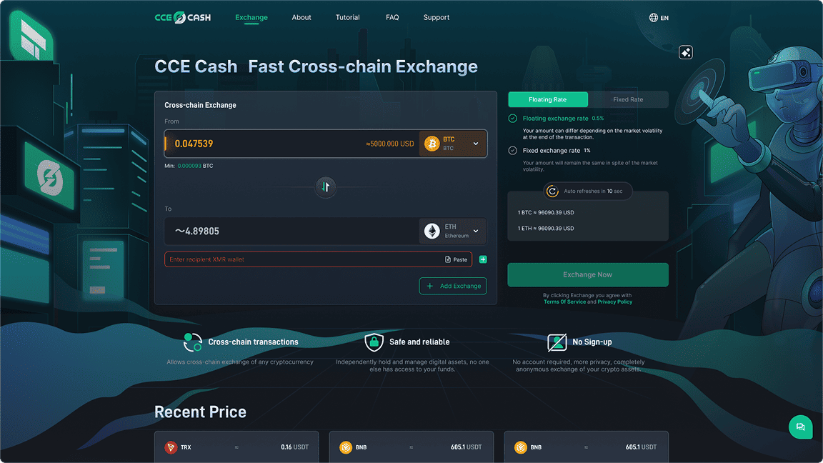 As shown in the figure: If you need to exchange BTC for ETH, select BTC on the top and ETH on the bottom. Enter the amount of BTC you wish to exchange in the top field. The bottom field will automatically calculate the corresponding amount of ETH based on the real-time exchange rate. Then, enter your ETH address in the address field. Next, choose either a fixed rate or a floating rate (for questions about rates, see the FAQ), and click Start Exchange.